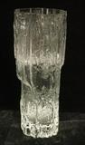 Lot 35:  TAPIO WIRKKALA Signed Tall Crystal Vase. Chipped Ice Pattern. Finland. IITTALA label present but worn. Etched signature. : Dimensions:  H: 9.5 inches: W: 4.25 inches: D: 3.5 inches --- US Shipping charge: $35