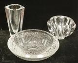 Lot 40:  3pc Lot ORREFORS Crystal Bowls Vase. Bowl has chipped ice pattern. All marked with etched mark & paper tag. : Dimensions:  H: 6.5 inches: W: 4 inches: D: 3.75 inches --- US Shipping charge: $35
