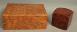 Lot 41:  2pc Italian Humidor Lot. Modernist Italian Leather Dice Box with Moisture filter. Burled Wood Hinged box: Mastro De Paja. Larger box may not be a humidor but made by Mastro de Paja, a pipe company. : Dimensions:  H: 4.5 inches: W: 11 inches: D: 7.5 inches --- US Shipping charge: $35