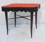 Lot 48:  PAOLO BUFFA Italian Game Gaming Table. 1950's Modern.  Red felt top with dark wood frame. Scalloped skirt. Four flip out drawers with copper ashtrays. : Dimensions:  H: 30.5 inches: W: 36 inches: D: 36 inches --- 