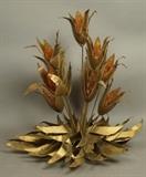 Lot 57:  Brutalist Brass Floral Table Sculpture. Amber color elements to floral components. Not marked: Dimensions:  H: 19 inches: W: 18 inches: D: 12 inches --- US Shipping charge: $35