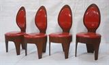 Lot 58:  Set 4 HENRY P GLASS for RICHBILT Dining Chairs. Wood Barrel form Chairs with Red Vinyl Cushions. Spoon Chairs. Richbilt label. : Dimensions:  H: 39 inches: W: 18 inches: D: 18 inches --- 