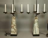 Lot 60:  Pr Faux Marble Tapered Base Table Lamps. Four brass arms with black metal bobeche. Candle form. Parzinger Style.: Dimensions:  H: 43 inches: W: 18 inches: D: 18 inches --- 