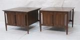 Lot 66:  Pr Mid Century Double Door Side Tables. Decorative door panels. Forward Trend by Johnson Furniture Co.: Dimensions:  H: 21.5 inches: W: 28.5 inches: D: 28.5 inches --- 