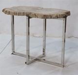 Lot 68:  Petrified Wood Slab Top Side Table. Square chrome hollow tube base. : Dimensions:  H: 18 inches: W: 23 inches: D: 12.75 inches --- 