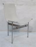 Lot 69:  "T" Chair by KATAVOLOS, LITTELL & KELLEY for LAVERNE. 1950's Chrome 3 legged base. White leather sling seat. Not marked: Dimensions:  H: 32 inches: W: 22.5 inches: D: 23 inches --- 