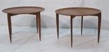 Lot 75:  Pr FRITZ HANSEN Tray Side Tables. Danish Modern Teak. Elegant tapered legs. Stamped. : Dimensions:  H: 17 inches: W: 23.5 inches: D: 23.5 inches --- 
