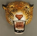 Lot 80:  Glazed Terracotta Cat Head Sculpture. Wall Mounted. Possibly Jaguar. Probably Italian.: Dimensions:  H: 12 inches: W: 12 inches: D: 10 inches --- 