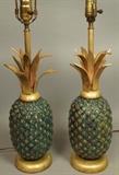 Lot 87:  Pr Pineapple Bronze Table Lamps. Stamped PEPE MENDOZA. Decorator Metal. Painted details. Both are stamped in hard to read area. : Dimensions:  H: 21 inches: W: 5 inches: D: 5 inches --- 