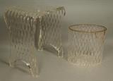 Lot 90:  2pc Lucite Accessories.  Diamond plate textured bench vanity seat. Diamond plate textured Waste basket with brass rim. : Dimensions:  H: 15 inches: W: 13 inches: D: 9 inches --- 