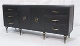 Lot 99:  Ebonized Regency Credenza Sideboard. Gold Tone hardware and painted gilt accents. : Dimensions:  H: 34 inches: W: 76 inches: D: 19.5 inches --- 
