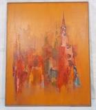 Lot 101:  HARRY DAY Orange Modernist Oil Painting.  Buildings with Church Steeple. Signed. Oil on canvas: Dimensions:  Image Size: H: 60 inches: W: 48 inches --- 