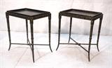 Lot 105:  Pr Regency style Decorator Lacquered Tray Side Tables. Black with gilt sponge design. Tray tops lift out. : Dimensions:  H: 26.5 inches: W: 22 inches: D: 16 inches --- 
