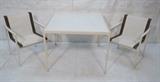 Lot 109:  RICHARD SCHULTZ 3pc Dining Table. Two Chairs. White Enamel Top on square frame table. Two Chairs with white mesh sling seats. : Dimensions:  H: 29 inches: W: 38 inches: D: 38 inches --- 