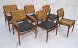 Lot 110:  Set 6 Danish Teak Dining Chairs. GEORGE TANIER.  Two arms. Four side chairs. Woven backs. Black seat cushions. Branded Mark and paper label. SIBAST MOBLER: Dimensions:  H: 30.5 inches: W: 24 inches: D: 22 inches --- 