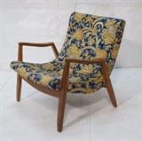 Lot 115:  MILO BAUGHMAN "Scoop" Lounge Chair. Open Arm Form. Seat upholstered in blue floral. Not marked. : Dimensions:  H: 28.25 inches: W: 28 inches: D: 25.5 inches --- 
