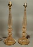Lot 118:  Pr Murano Italian Art Glass Table Lamps. Pale peach glass in four parts with brass bands. : Dimensions:  H: 24.5 inches: W: 7 inches: D: 7 inches --- 