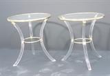 Lot 121:  Pr Regency Decorator Lucite & Brass Side Tables. Glass Tops. Hollis Jones Style.: Dimensions:  H: 22 inches: W: 20 inches: D: 20 inches --- 