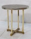 Lot 122:  Mixed Metal Round Side Table. Tile Top in Brown & Gold ceramic tiles. Base and legs are gold tone with silver tone skirt. : Dimensions:  H: 21.5 inches: W: 19.5 inches --- 