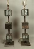 Lot 134:  Pr Magiscope Lamps 3 Cubes. Industrial Iron Frames. Engraved F.Bejar. : Dimensions:  H: 36.5 inches: W: 6 inches: D: 6 inches --- 