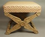Lot 136:  Decorator Upholstered Bench Seat. Bargello style Cushion. Carved wood base. : Dimensions:  H: 16.5 inches: W: 19 inches: D: 16 inches --- 
