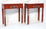 Lot 140:  Pr Red Lacquered One Drawer Console Tables. Asian inspired with applied design elements. Metal foot caps. : Dimensions:  H: 33 inches: W: 30 inches: D: 12 inches --- 