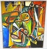 Lot 145:  MARILYN GORDLEY Abstract Modernist Oil Painting. Colorful Cubist painting. "Classe". Signed. : Dimensions:  H: 48 inches: W: 42 inches --- 
