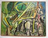 Lot 146:  MARILYN GORDLEY Abstract Modernist Oil Painting. Colorful Cubist painting in green palette. "Tree House Entanglement". Signed. Weatherspoon Art Gallery label on reverse.: Dimensions:  H: 30 inches: W: 39 inches --- 