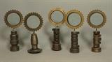 Lot 152:  Set 5 Magiscopes Sculptures. Industrial Glass & Iron. All with engraved  F Bejar. : Dimensions:  H: 8 inches: W: 3.5 inches: D: 2 inches --- US Shipping charge: $50