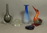Lot 153:  5pc Art Glass Lot. TIFFANY & CO Cobalt Heart paperweight. Swedish Elephant Paperweight. ORREFORS Long Necked Bud vase. Signed Colorful Bird. RANDSFJORD GLASS Norway designed by T.TORGERSEN Speckled blue vase. All signed: Dimensions:  H: 9 inches: W: 3 inches --- US Shipping charge: $50