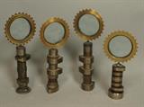 Lot 155:  Set 4 Magiscopes Sculptures. Industrial Glass & Iron. All with engraved  F Bejar. : Dimensions:  H: 9.5 inches: W: 3.5 inches: D: 1.5 inches --- US Shipping charge: $50