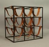 Lot 163:  ARTHUR UMANOFF Iron & Leather Wine Rack. Not marked: Dimensions:  H: 13.5 inches: W: 14 inches: D: 10 inches --- 