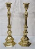 Lot 167:  Pr Brass Floor Candle Sticks. Pricket Stick style. Tooled brass. : Dimensions:  H: 45.5 inches: W: 15 inches: D: 15 inches --- 