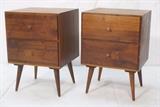 Lot 170:  Pr Paul McCobb style Two Drawer Night Stands. Solid metal pulls. Tapered peg legs.: Dimensions:  H: 26.5 inches: W: 18 inches: D: 16 inches --- 