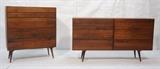 Lot 171:  2pcs Paul McCobb style Dressers. High & Low Chest. Solid metal pulls. Tapered peg legs.: Dimensions:  H: 42 inches: W: 36 inches: D: 18 inches --- 