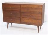 Lot 172:  Paul McCobb style Bachelors Chest. Six drawer. Solid metal pulls. Tapered peg legs.: Dimensions:  H: 34 inches: W: 48 inches: D: 18 inches --- 