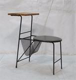 Lot 173:  Frederick Weinberg style Black Iron & Mesh Phone Table. Black vinyl seat. Wood top.: Dimensions:  H: 28.5 inches: W: 27 inches: D: 15 inches --- 