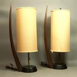 Lot 175:  Pr American Modern Wood Table Lamps. Tall Column Fabric shades. : Dimensions:  H: 30 inches: W: 11 inches: D: 7 inches --- 