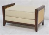 Lot 182:  Brazilian Zebra Wood & Leather Ottoman. Blond Maple Sides. Cream Leather Cushion. : Dimensions:  H: 19 inches: W: 33.25 inches: D: 19 inches --- 