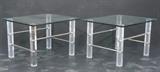 Lot 199:  Pr Lucite Chrome End Tables. Glass Tops. Lucite column legs with chrome connector rods. 1/2" thick glass tops. Hollis Jones style.: Dimensions:  H: 19.5 inches: W: 24 inches: D: 30 inches --- 