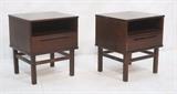 Lot 205:  Pr JONSSON Rosewood Night Stands. Open compartment above one drawer. Raised on legs with stretchers. Not marked. : Dimensions:  H: 22.5 inches: W: 19.5 inches: D: 17 inches --- 