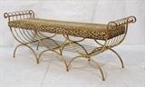 Lot 215:  Long Gilt Metal Decorators Bench. Scrolled arms. Leopard print cushion. : Dimensions:  H: 24 inches: W: 66 inches: D: 18 inches --- 