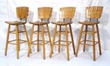 Lot 264:  Set 4 ARTHUR UMANOFF style Wood Slat Bar Stools. Wood Legs. Black hairpin iron back supports. : Dimensions:  H: 43.5 inches: W: 17 inches: D: 16.5 inches --- 