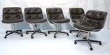 Lot 266:  Set 5 KNOLL INTERNATIONAL Rolling Office Chairs. Brown Leather. Chrome tube frames. Four feet pedestal base. Marked: Dimensions:  H: 32 inches: W: 24 inches: D: 25 inches --- 