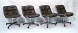 Lot 267:  Set 4 KNOLL INTERNATIONAL Rolling Office Chairs. Brown Leather. Chrome tube frames. Four feet pedestal base. Marked: Dimensions:  H: 32 inches: W: 24 inches: D: 25 inches --- 