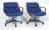 Lot 277:  Pr KNOLL Office Chairs. Swivel & roll. Black & Chrome frames. Striped blue fabric. Marked.: Dimensions:  H: 31 inches: W: 26.5 inches: D: 24 inches --- 