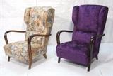 Lot 281:  Two Italian Lounge Chairs. 1940's Modern with Curvy Wood Arms. One is reupholstered in purple reptile textured fabric. One in original condition. : Dimensions:  H: 40 inches: W: 29.5 inches: D: 28 inches --- 