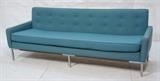 Lot 200:  Modernist Blue Fabric & Chrome and Wood Frame. Sofa Couch. Tufted back. : Dimensions:  H: 31.5 inches: W: 87 inches: D: 27.5 inches --- 