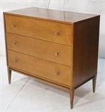 Lot 218:  PAUL McCOBB 3 Drawer Bachelors Chest. Planner Group. Raised on legs with stretcher. Marked. : Dimensions:  H: 33.5 inches: W: 36 inches: D: 19.5 inches --- 