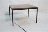 Lot 220:  KNOLL Black Iron Base Laminate Top Side End Table. Square. Laminate faux wood top. Marked. : Dimensions:  H: 16 inches: W: 24 inches: D: 24 inches --- 